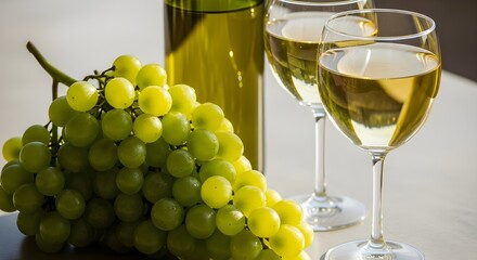 White Wine Bottle and Two Glasses with Fresh Green Grapes
Elegant Setting with White Wine, Grapes, and Sunlight
Refreshing White Wine with a Cluster of Ripe Green Grapes