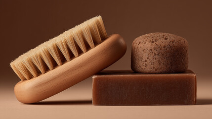 Natural Bristle Brush with Organic Bar Soaps, a Neutral Toned, Minimalist Still Life