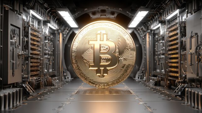 Golden Bitcoin in Futuristic Server Tunnel