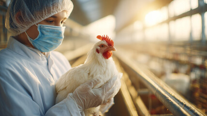 獣医師が養鶏場で鶏を検査する場面