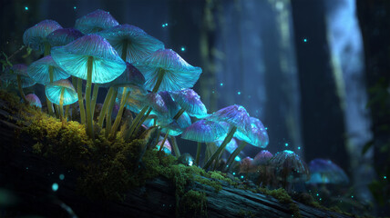 女性が暗い森で光るキノコを見つめる