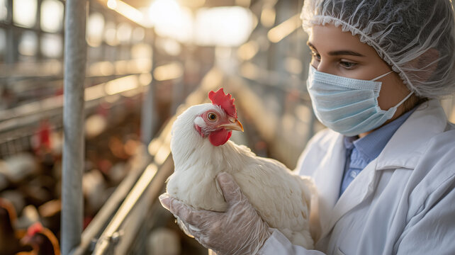 獣医師が養鶏場で鶏を検査する場面