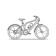 Fototapeta premium Line art of an electric bicycle with a visible battery icon on the frame, featuring standard bike parts like wheels, seat, pedals, and handlebars.