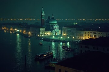 Obraz premium Night timelapse showcases Venice with illuminated Piazza San Marco by the water, Night timelapse of Venice with Piazza San Marco