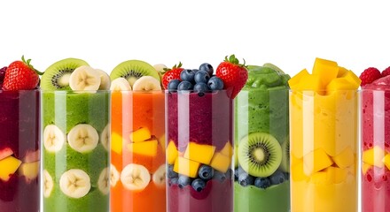 Vibrant Fruit Smoothies and Salads in Cups with Straws,
Colorful Layers of Fresh Mango, Kiwi, Strawberry, and Orange
