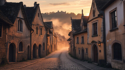 Naklejka premium European architecture old town street cobblestone road historic buildings travel destination tourism scenery