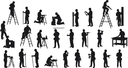 Construction worker silhouettes, men using tools, builder poses vector, working on ladders, carpentry jobs, contractor equipment, industrial work illustration
