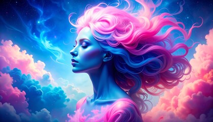 Visionary female figure with vibrant pink cloud-like hair and blue skin blending surrealism and digital artistry in a colorful, high-contrast fantasy portrait wallpaper that evokes dreamlike, futurist
