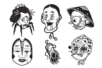 hand drawn bundle japanese mask illustraions 