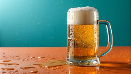 A mug of beer with foam sits on a wet table
