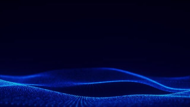 Horizontal abstract animation of glowing blue waves flowing on a dark background. Futuristic motion design for sci-fi and tech interfaces.
