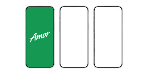 Three Mobile Phones Mockups with Green Background and Word Amor Isolated