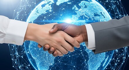 Diverse hands shaking against global network handshake
