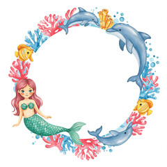 Obraz premium Underwater Dreamscape: A whimsical watercolor depiction showcases a charming mermaid amidst a vibrant coral reef, playfully surrounded by dolphins and fish, evoking a sense of aquatic wonder.