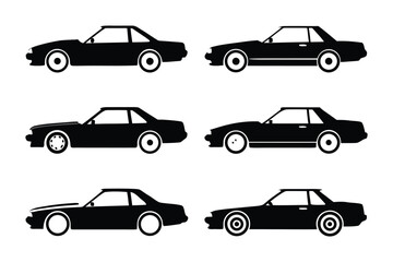 Automotive Icons: A collection of sleek, stylized, silhouettes of cars. Perfect for use in design projects relating to transportation. 