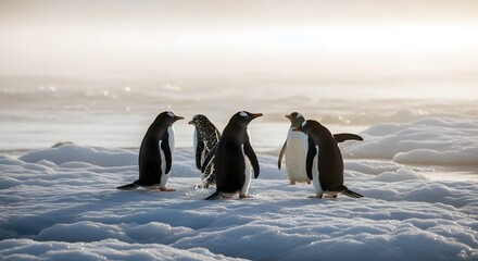 Gentoo Penguins Standing on Snowy Ice Floe in Misty Antarctic Landscape