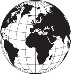 Black and white depiction of planet earth with continents and grid lines globe world