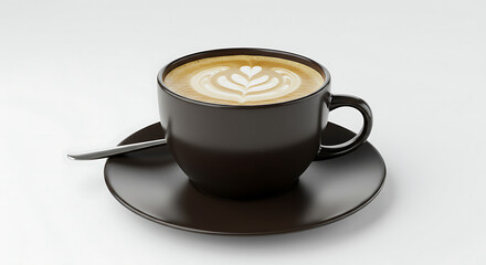 Close-up of a coffee cup with latte art on a saucer.