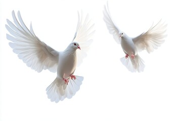 Obraz premium White doves soaring gracefully against a bright, seamless white background, White doves flying isolated on white background, Hope and freedom concept