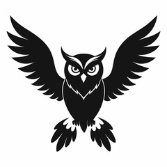 Obraz premium Black owl silhouette with wings spread wide on white background vector
