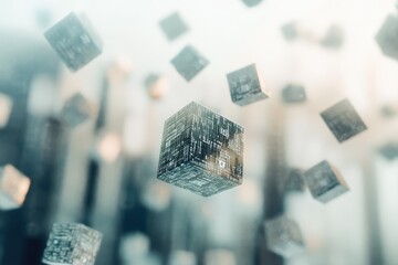 Floating cubes represent machine code in a futuristic deep learning environment, Cubes with machine code float in mid air Deep learning algorithm concept 3D render