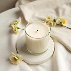 white candle in minimalist style home setting. Clean and aesthetic, self care, balanced wellness vibe. Calm, chill, relaxing, zen vibe with flower and sunlight. self care, meditation, lifestyle.