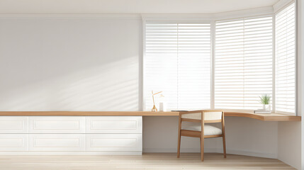 Minimalist wooden desk with white furniture in natural light, a serene and organized workspace.