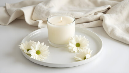 white candle in minimalist style home setting. Clean and aesthetic, self care, balanced wellness vibe. Calm, chill, relaxing, zen vibe with flower and sunlight. self care, meditation, lifestyle.