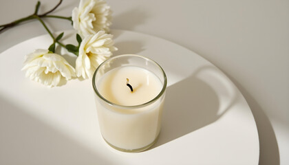 white candle in minimalist style home setting. Clean and aesthetic, self care, balanced wellness vibe. Calm, chill, relaxing, zen vibe with flower and sunlight. self care, meditation, lifestyle.