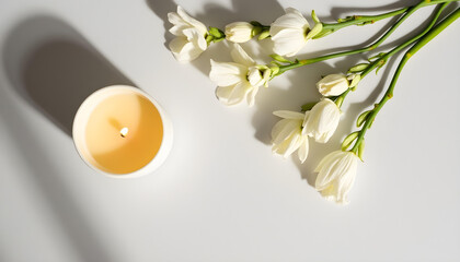 white candle in minimalist style home setting. Clean and aesthetic, self care, balanced wellness vibe. Calm, chill, relaxing, zen vibe with flower and sunlight. self care, meditation, lifestyle.