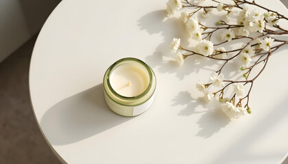white candle in minimalist style home setting. Clean and aesthetic, self care, balanced wellness vibe. Calm, chill, relaxing, zen vibe with flower and sunlight. self care, meditation, lifestyle.