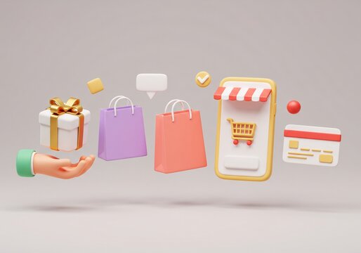 The image is a 3D illustration showcasing various components and symbols associated with online shopping and e-commerce.