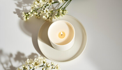 white candle in minimalist style home setting. Clean and aesthetic, self care, balanced wellness vibe. Calm, chill, relaxing, zen vibe with flower and sunlight. self care, meditation, lifestyle.
