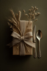 Rustic Elegance Awaits: Box Wrapped with Wheat Stalks, Tied with Bow, Alongside Cutlery