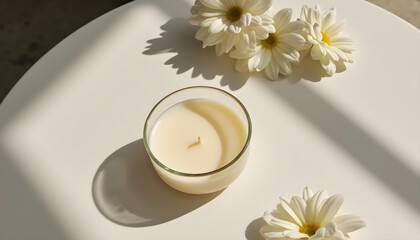 white candle in minimalist style home setting. Clean and aesthetic, self care, balanced wellness vibe. Calm, chill, relaxing, zen vibe with flower and sunlight. self care, meditation, lifestyle.
