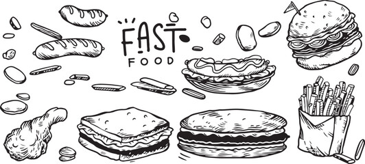 Fast Food Doodle Vector Set – Burger, Fries, Soda, Black and White, Sketch, Doodle Style, Junk Food, Tasty, Hand-Drawn, Snack, Meal, Delicious, Minimalist, Takeout, Bite