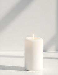 white candle in minimalist style home setting. Clean and aesthetic, self care, balanced wellness vibe. Calm, chill, relaxing, zen vibe with flower and sunlight. self care, meditation, lifestyle.