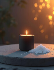 white candle in minimalist style home setting. Clean and aesthetic, self care, balanced wellness vibe. Calm, chill, relaxing, zen vibe with flower and sunlight. self care, meditation, lifestyle.