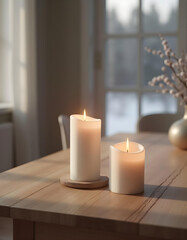 white candle in minimalist style home setting. Clean and aesthetic, self care, balanced wellness vibe. Calm, chill, relaxing, zen vibe with flower and sunlight. self care, meditation, lifestyle.