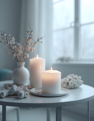 white candle in minimalist style home setting. Clean and aesthetic, self care, balanced wellness vibe. Calm, chill, relaxing, zen vibe with flower and sunlight. self care, meditation, lifestyle.