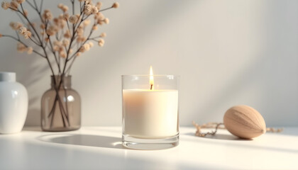 white candle in minimalist style home setting. Clean and aesthetic, self care, balanced wellness vibe. Calm, chill, relaxing, zen vibe with flower and sunlight. self care, meditation, lifestyle.