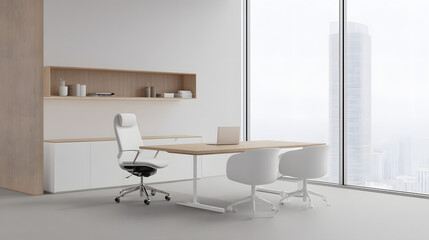Minimalist wooden desk with white furniture in natural light, a serene and organized workspace.