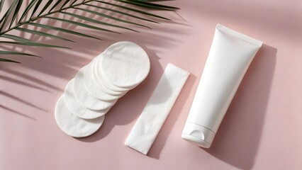 Cosmetic cotton pads and a tube of cream on a pink surface