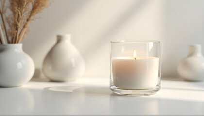 white candle in minimalist style home setting. Clean and aesthetic, self care, balanced wellness vibe. Calm, chill, relaxing, zen vibe with flower and sunlight. self care, meditation, lifestyle.