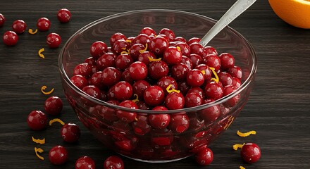 A vibrant, glistening cranberry sauce, homemade with whole cranberries, in a crystal serving bowl on a dark wooden table, with hints of orange zest. Sharp focus on the berries and their glossy texture