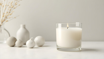 white candle in minimalist style home setting. Clean and aesthetic, self care, balanced wellness vibe. Calm, chill, relaxing, zen vibe with flower and sunlight. self care, meditation, lifestyle.