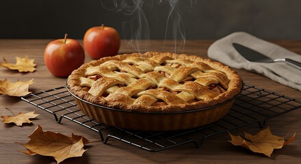 A rustic, freshly baked apple pie with a lattice top crust, still steaming, cooling on a wire rack with a red apple and autumn leaves in the blurred background, emphasizing warmth and homemade goodnes