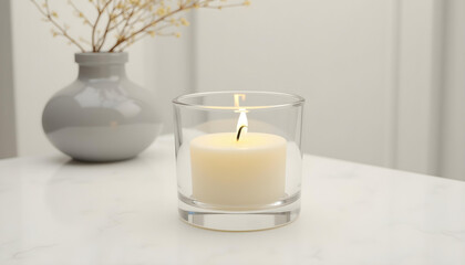 white candle in minimalist style home setting. Clean and aesthetic, self care, balanced wellness vibe. Calm, chill, relaxing, zen vibe with flower and sunlight. self care, meditation, lifestyle.