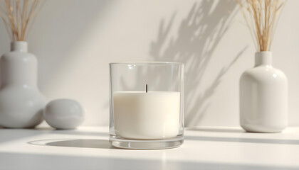 white candle in minimalist style home setting. Clean and aesthetic, self care, balanced wellness vibe. Calm, chill, relaxing, zen vibe with flower and sunlight. self care, meditation, lifestyle.