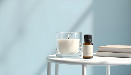 white candle in minimalist style home setting. Clean and aesthetic, self care, balanced wellness vibe. Calm, chill, relaxing, zen vibe with flower and sunlight. self care, meditation, lifestyle.